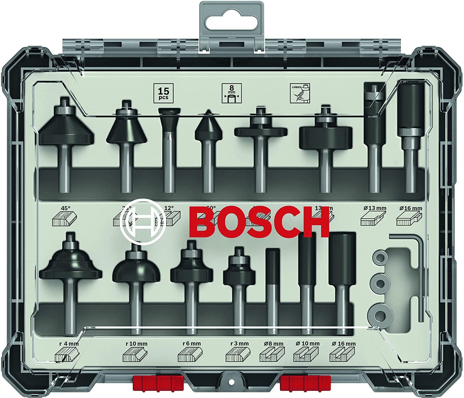 Bosch Professional 2607017472 15-Piece Set Router Bit Set for Wood for Router with 8 mm Shank