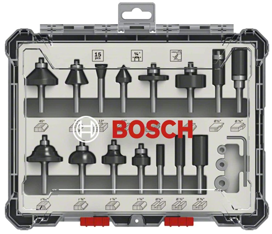 Bosch Professional 2607017473 15-Piece Set Router Bit Set for Wood for Router with 1/4 inch Shank