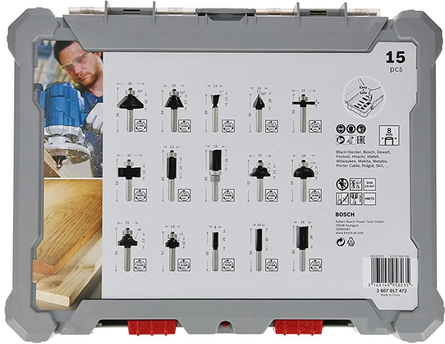 Set Bosch Bit Router 15-Piece 2607017472 for Wood Set Professional for